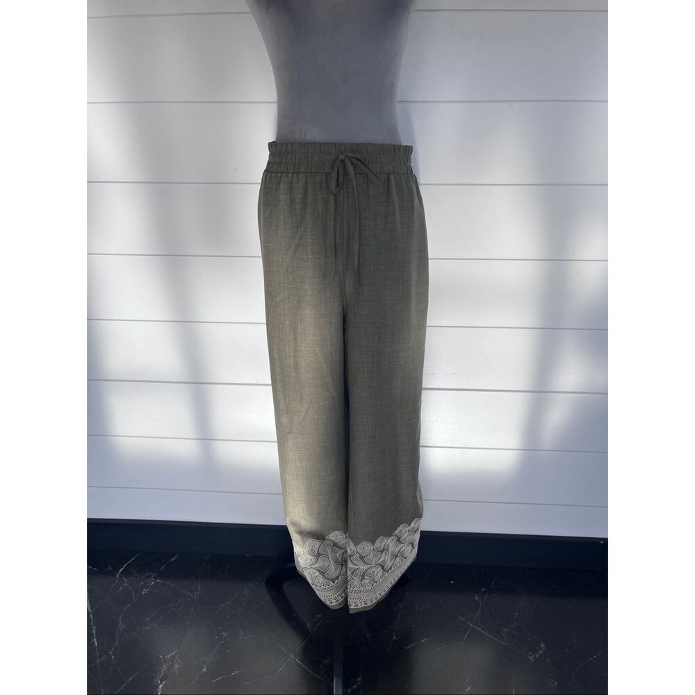 Wren Embroidered Hem Olive Drawstring Wide-Leg Pants Sz XL
